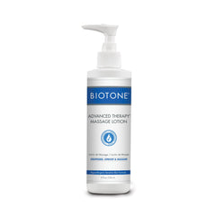 BIOTONE Advanced Therapy Massage Lotion bottle shows fragrance-free, hypoallergenic glide for sensitive clients.