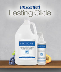 BIOTONE Advanced Therapy Massage Lotion texture close-up reveals rich, non-greasy glide.