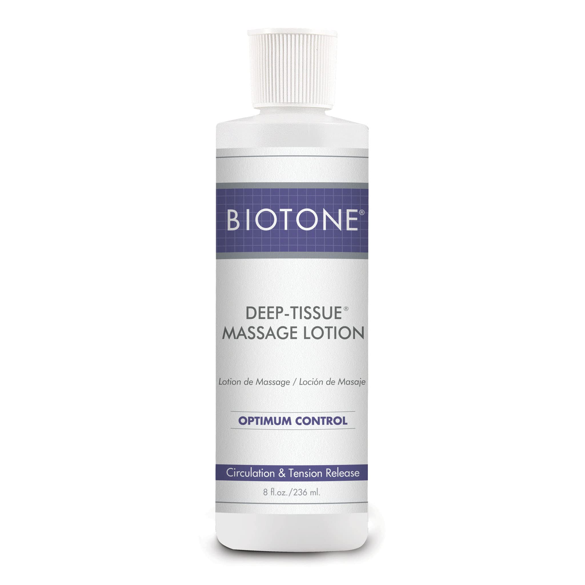 BIOTONE Deep Tissue Lotion bottle closeup shows lasting glide for professional massage.
