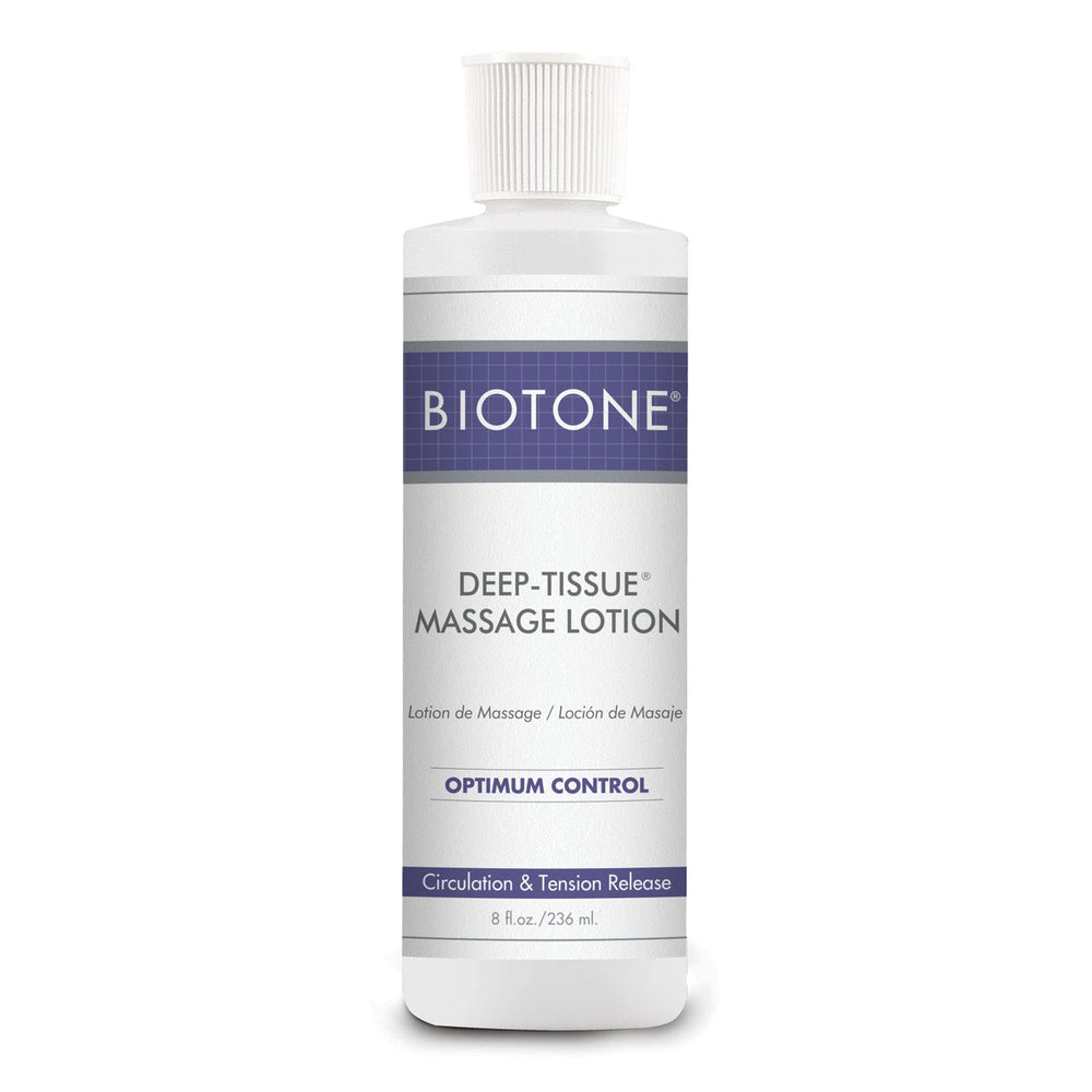 BIOTONE Deep Tissue Lotion bottle closeup shows lasting glide for professional massage.