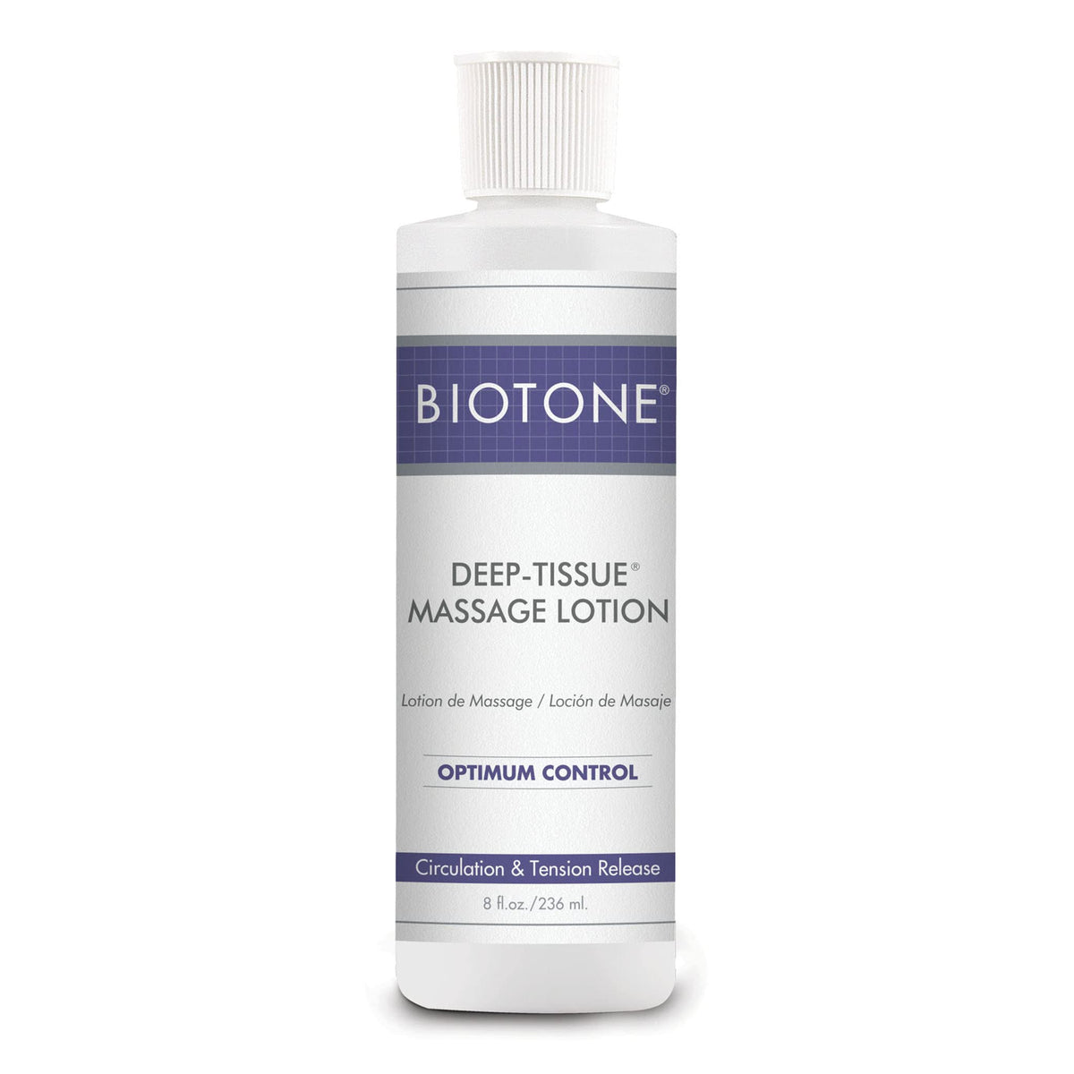 BIOTONE Deep Tissue Lotion bottle closeup shows lasting glide for professional massage.