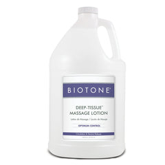 BIOTONE Deep Tissue Lotion bottle demonstrates smooth, unscented glide for professional massage.