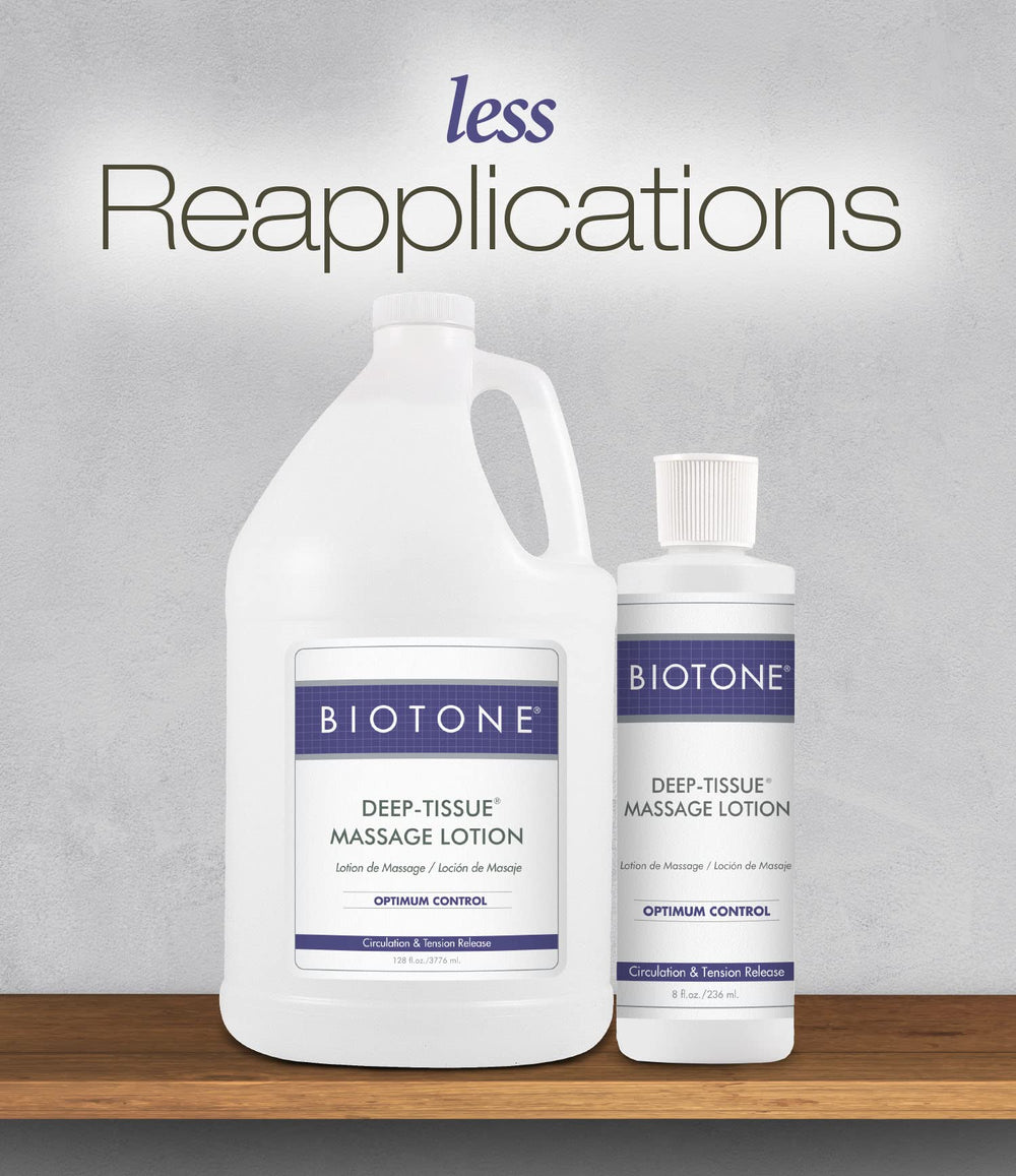 BIOTONE Deep Tissue Lotion pour shot demonstrates controlled application and even coverage.