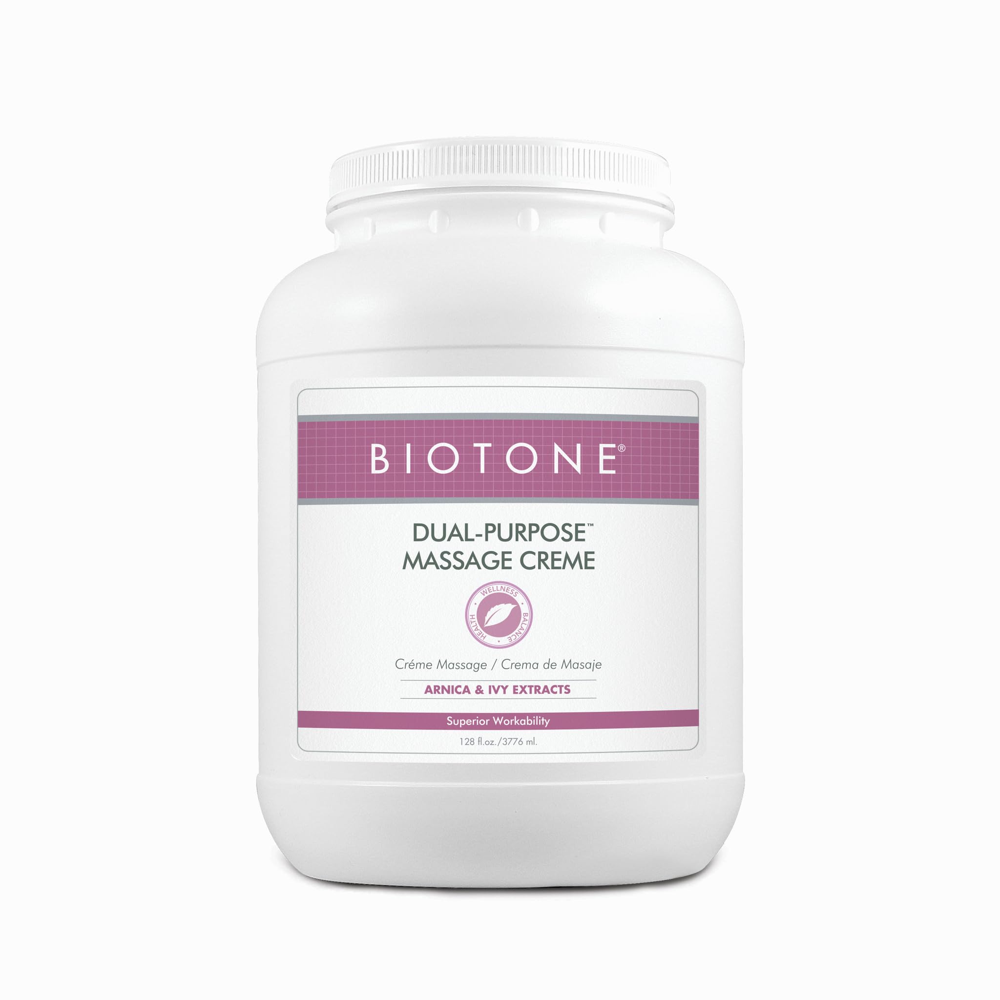 Biotone Dual Purpose Massage Creme 1gal with luxurious glide for full-body massage.