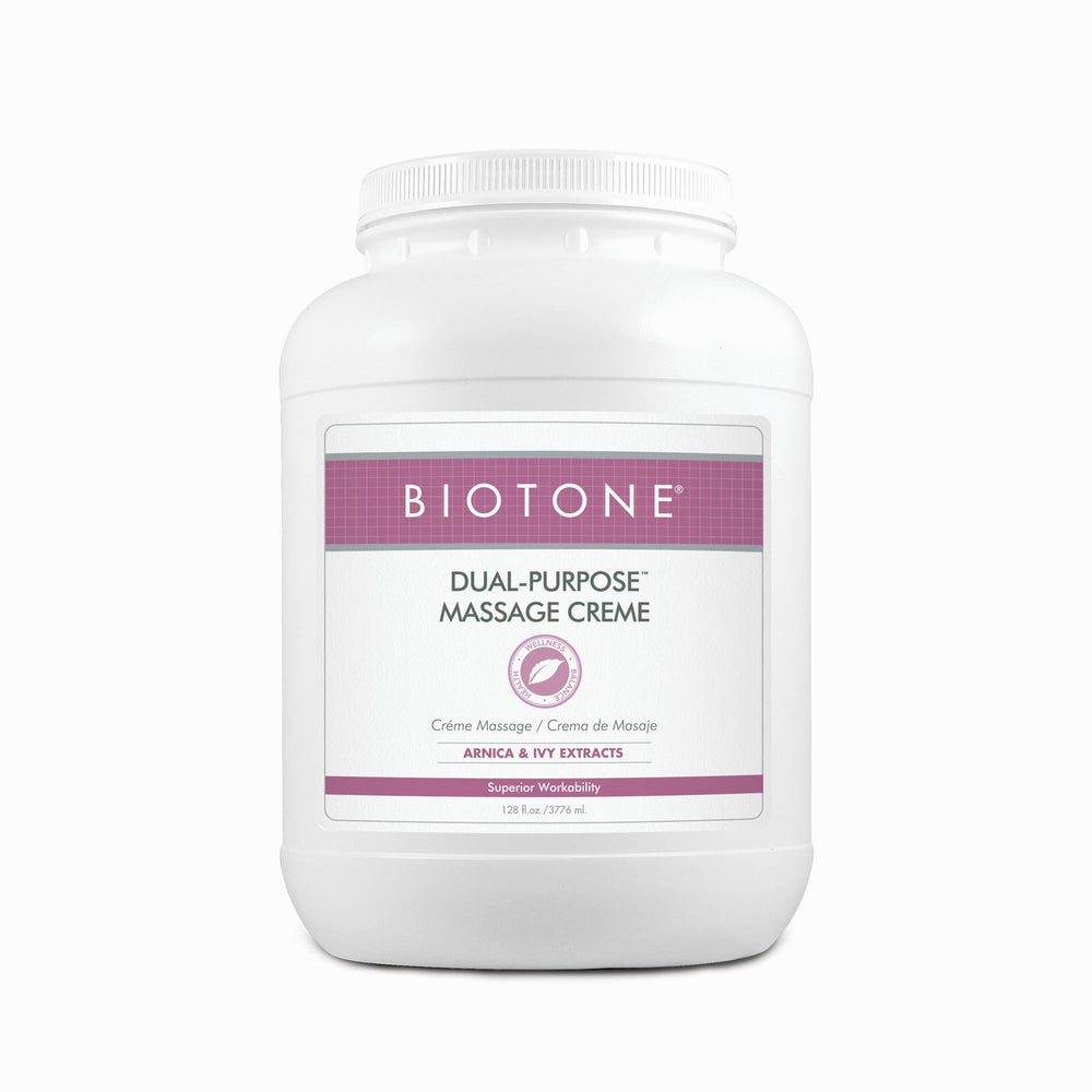 Biotone Dual Purpose Massage Creme 1gal with luxurious glide for full-body massage.