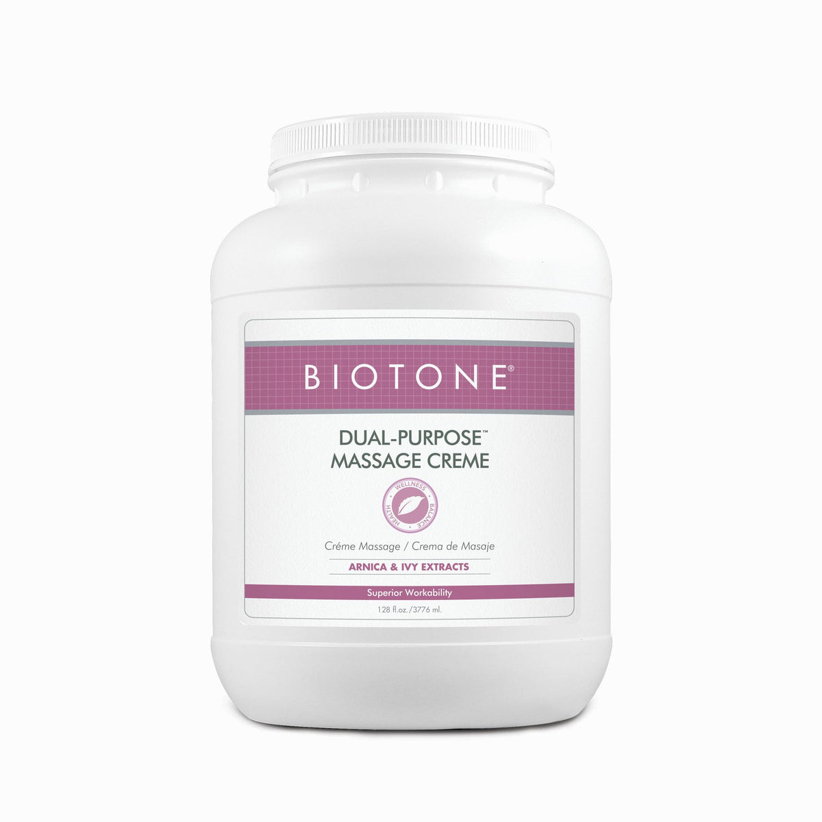 Biotone Dual Purpose Massage Creme 1gal with luxurious glide for full-body massage.