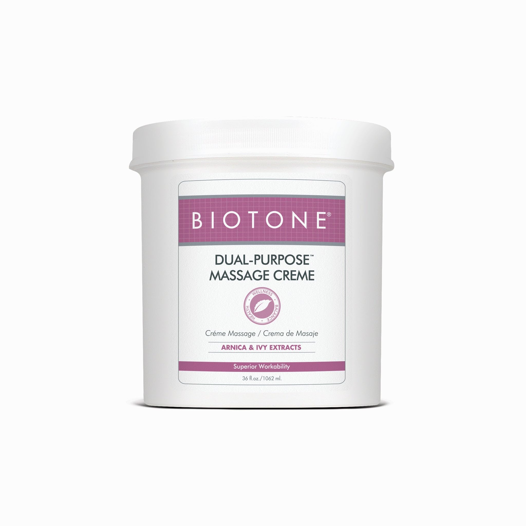 Biotone Dual-Purpose Massage Creme bottle delivers smooth glides for extended session work.