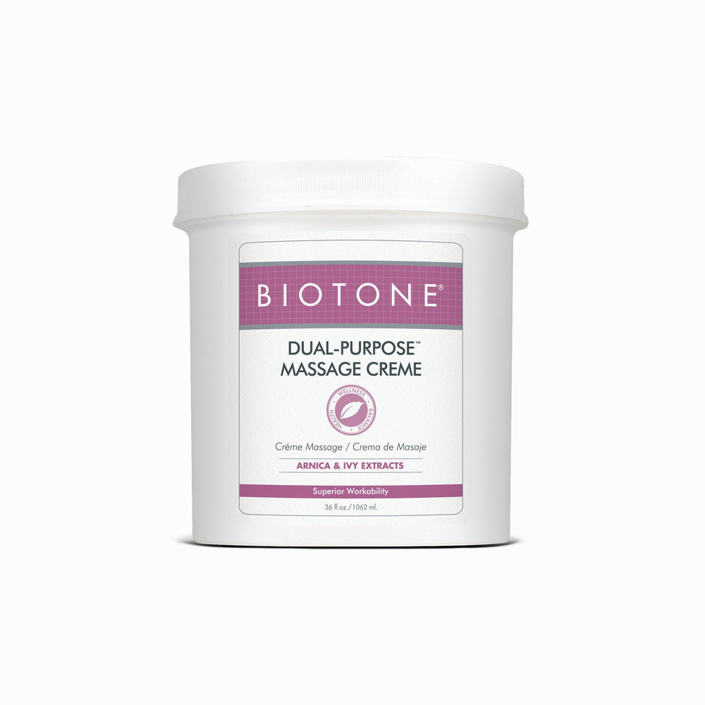 Biotone Dual-Purpose Massage Creme bottle delivers smooth glides for extended session work.