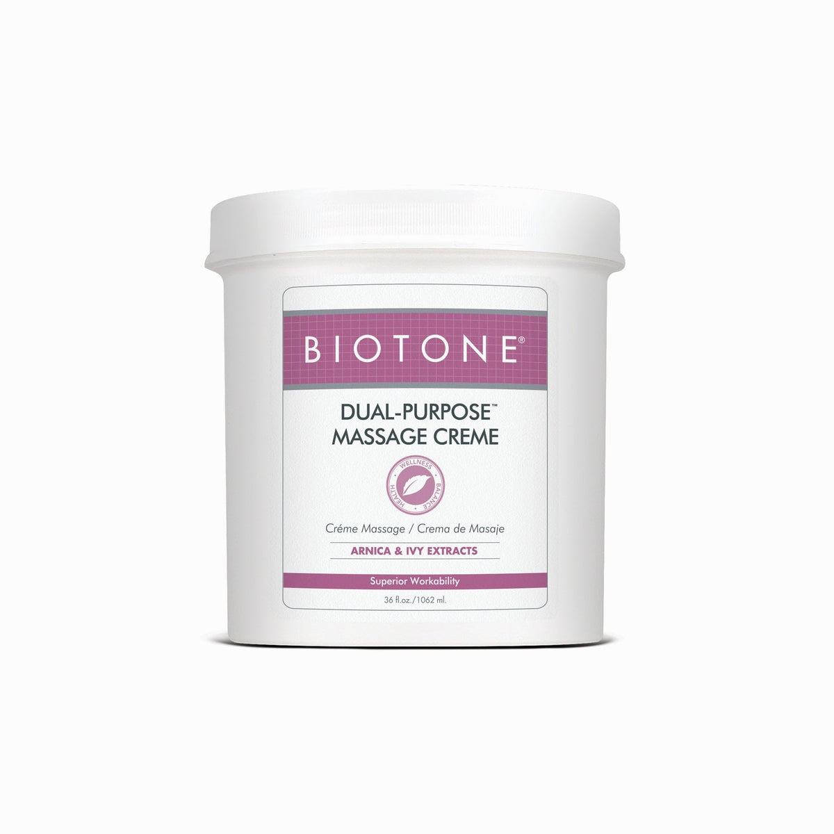 Biotone Dual-Purpose Massage Creme bottle delivers smooth glides for extended session work.