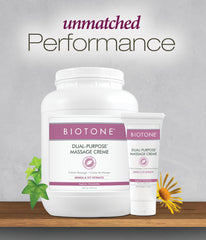 BIOTONE Dual-Purpose Massage Crème on skin demonstrates easy spread