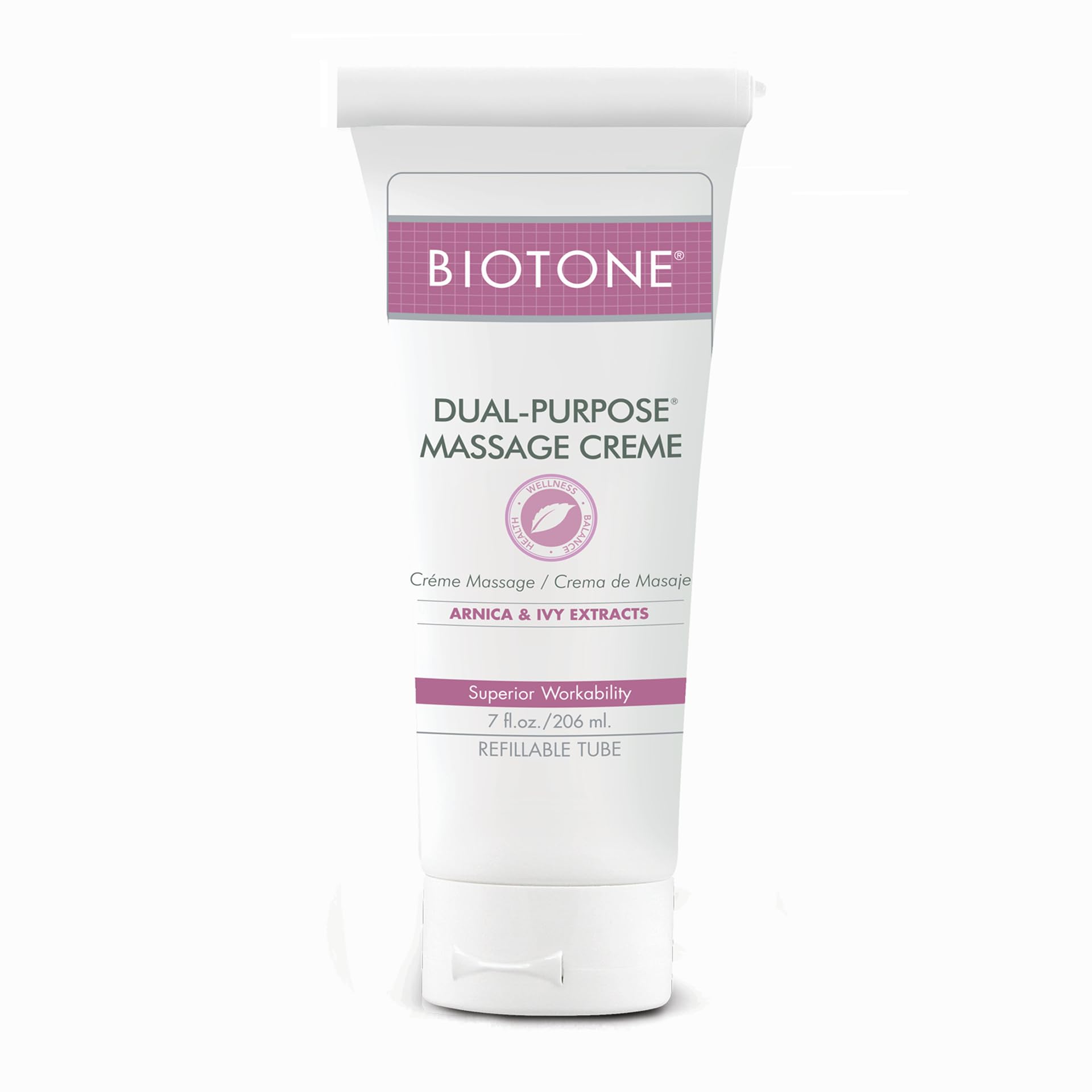 BIOTONE Dual-Purpose Massage Creme bottle pour offers effortless glide for smooth sessions