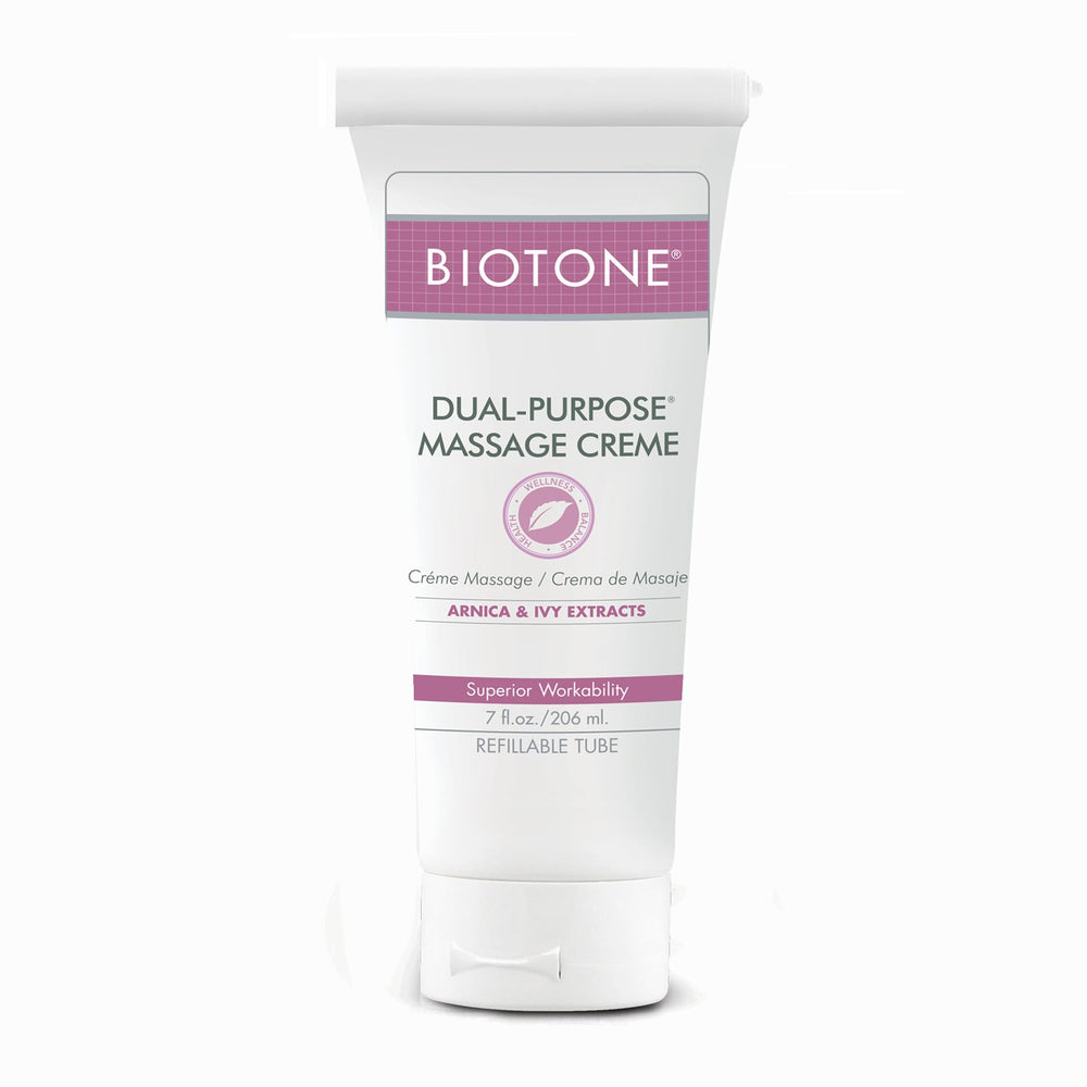 BIOTONE Dual-Purpose Massage Creme bottle pour offers effortless glide for smooth sessions