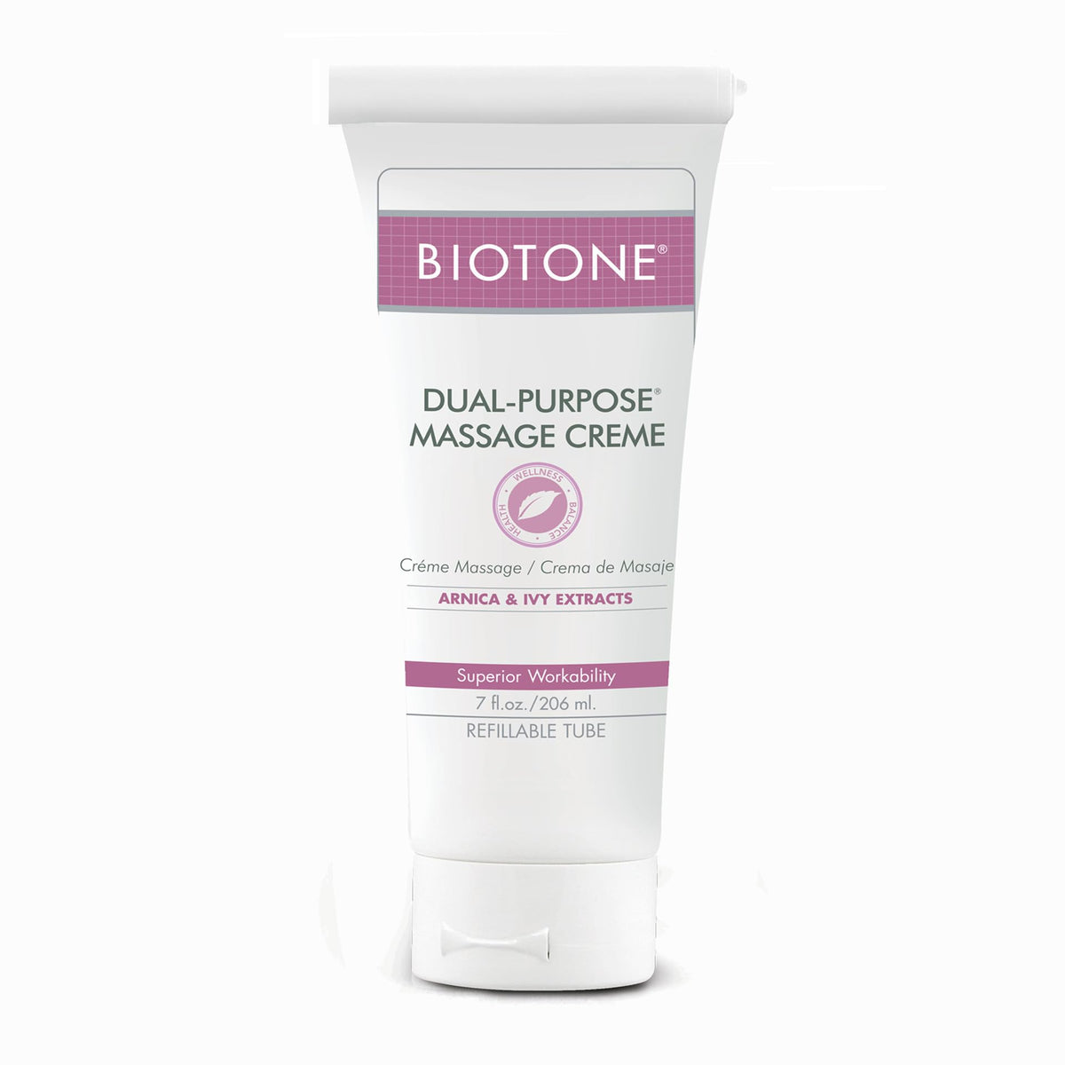 BIOTONE Dual-Purpose Massage Creme bottle pour offers effortless glide for smooth sessions