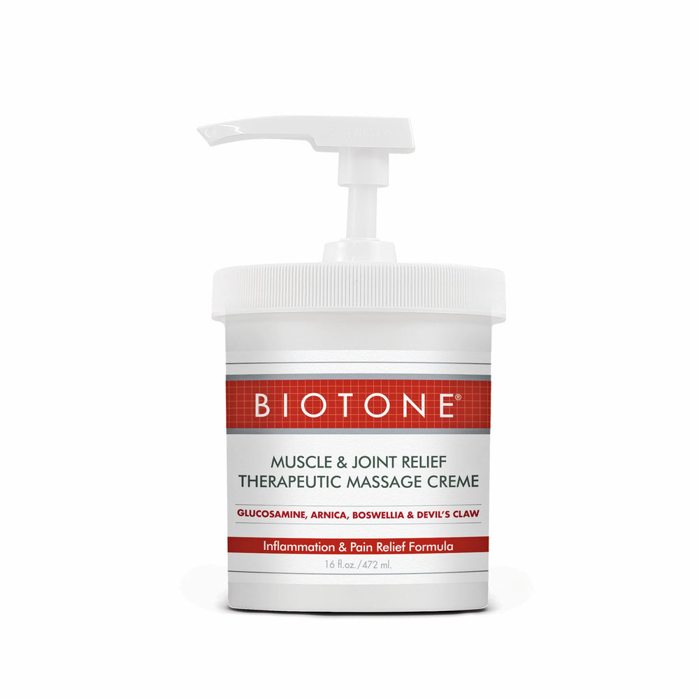 BIOTONE Muscle and Joint Relief Cream bottle for professional massage sessions.