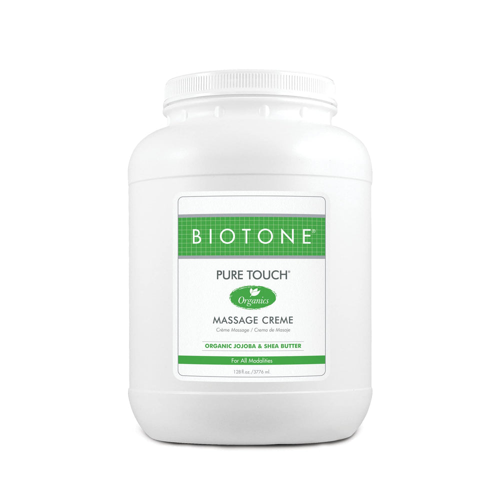BIOTONE Pure Touch Organics Creme bottle with silky glide for massage sessions.