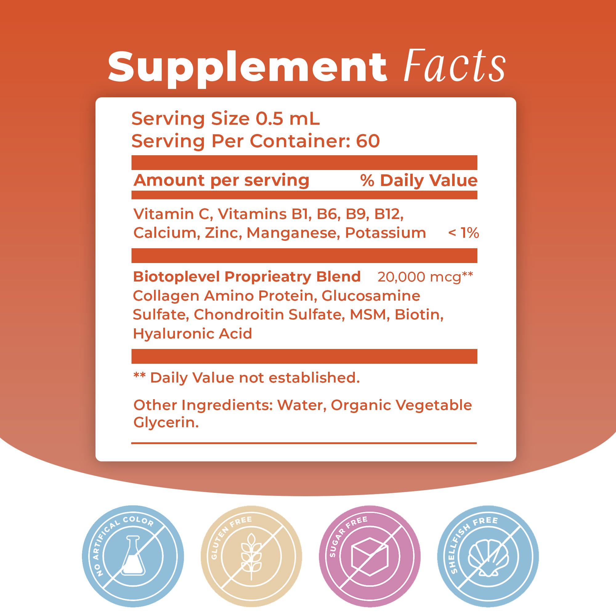 BIOTOPLEVEL liquid hyaluronic acid bottle supports skin hydration and joints.