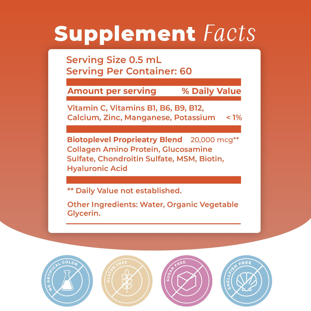BIOTOPLEVEL liquid hyaluronic acid bottle supports skin hydration and joints.