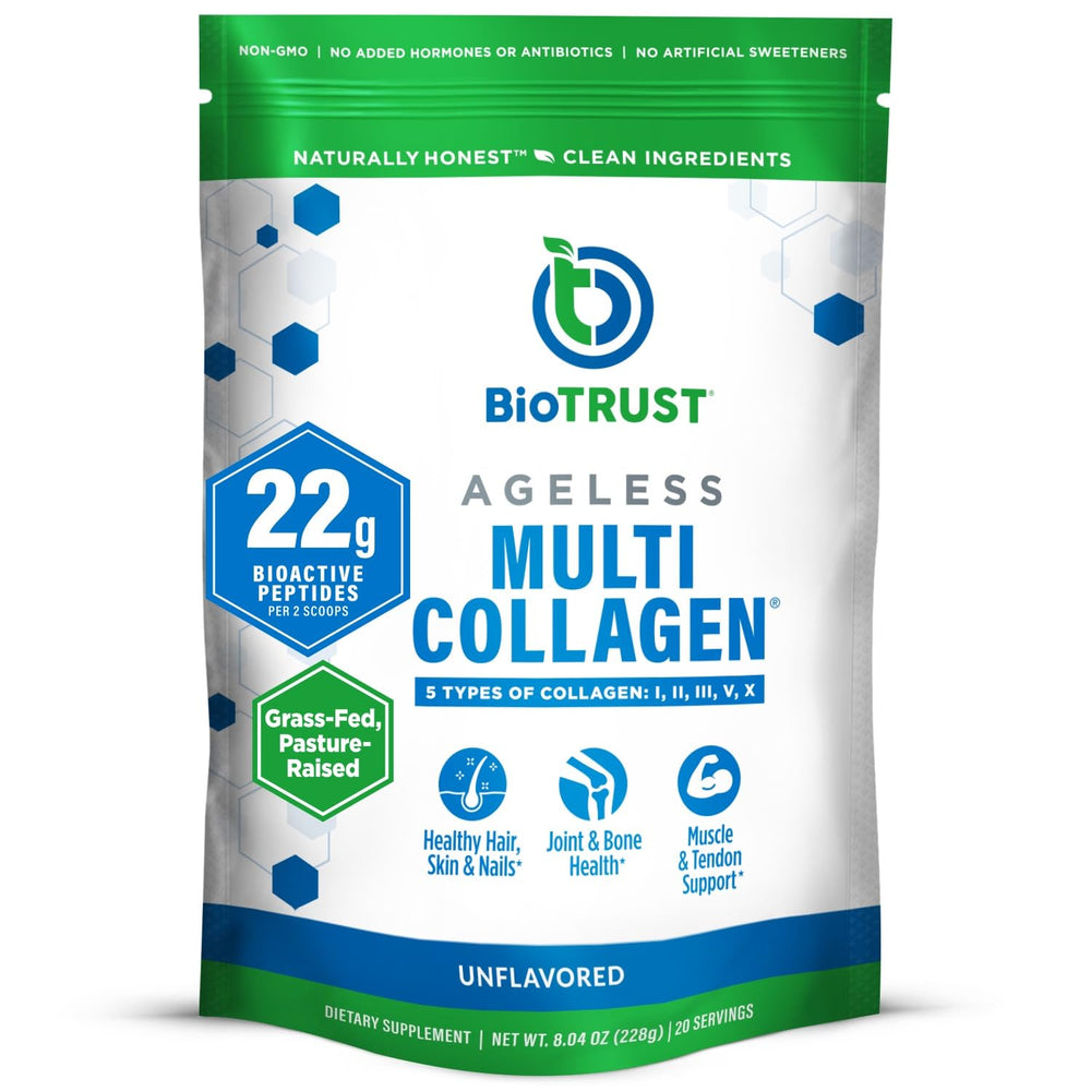BioTrust Ageless Multi Collagen powder bottle on kitchen counter supports healthier hair and skin.
