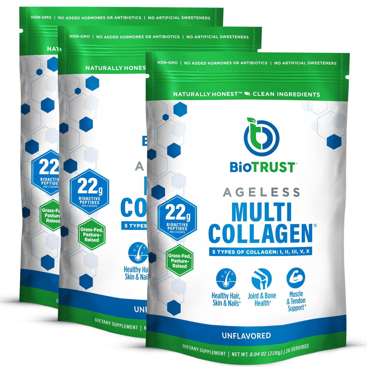 BioTrust Ageless Multi Collagen Powder bottle shows five collagen types for daily wellness