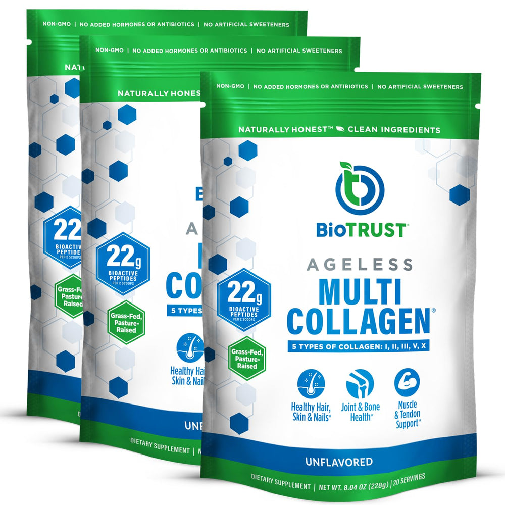 BioTrust Ageless Multi Collagen Powder bottle shows five collagen types for daily wellness