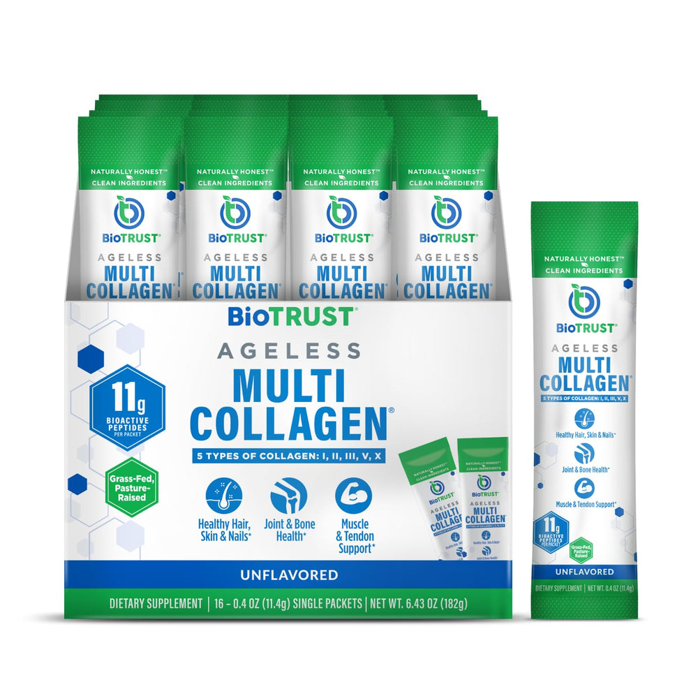 BioTrust Ageless Multi Collagen powder packet dissolves easily in beverages