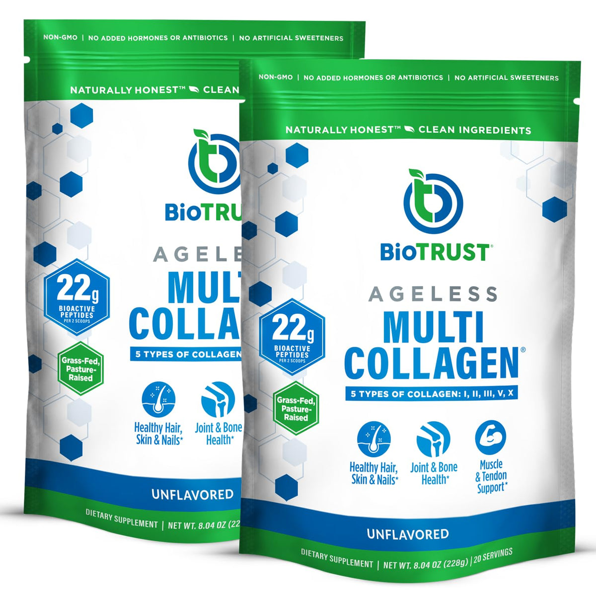 BioTrust Ageless Multi Collagen Powder front view highlights premium multi-source blend for everyday wellness.