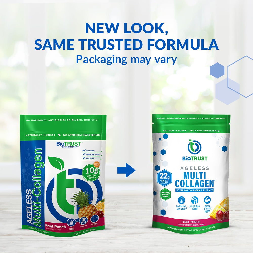 BioTrust Ageless Multi Collagen scoop pouring into liquid for easy daily use