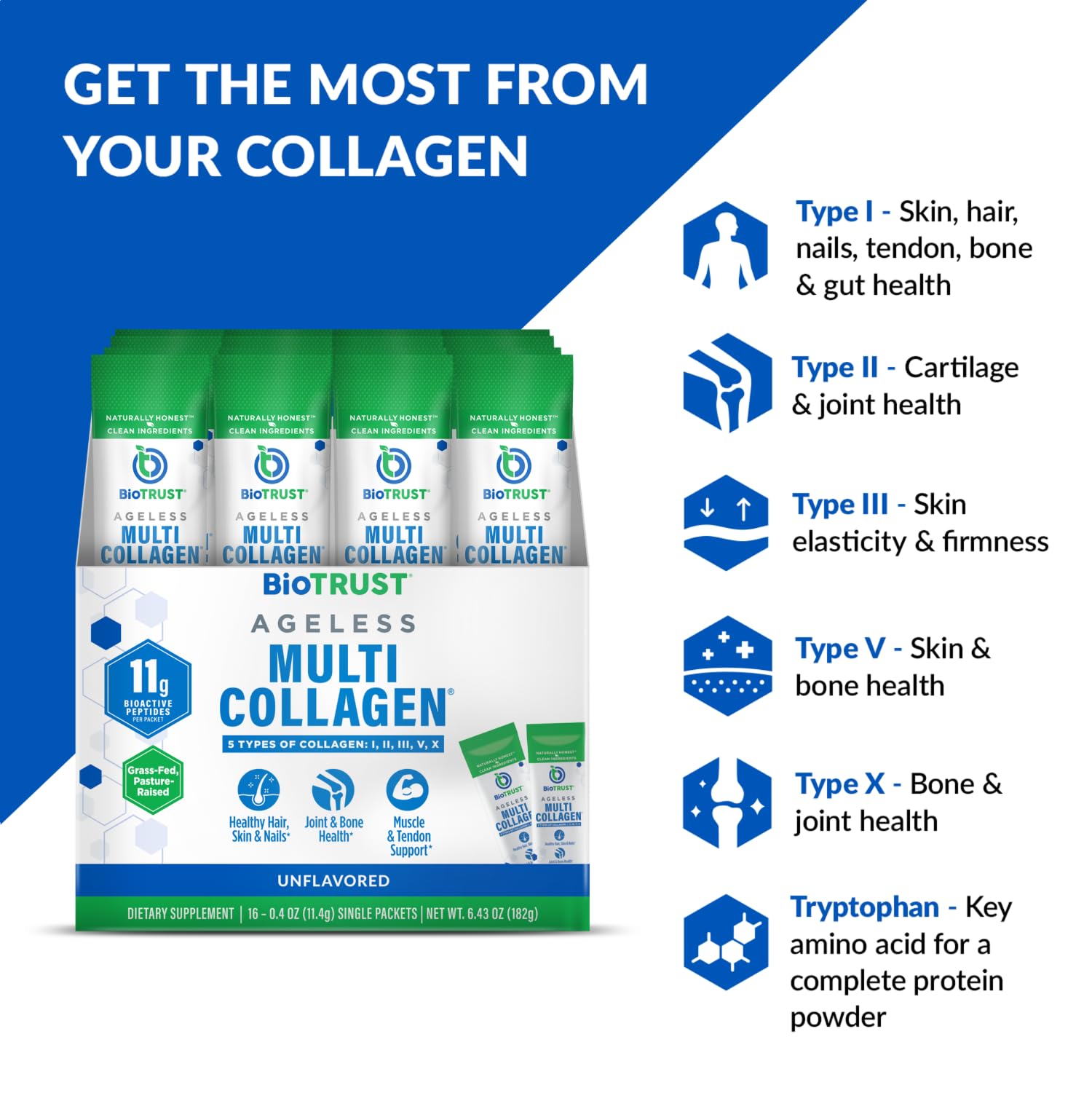 BioTrust Ageless Multi Collagen powder sourced from grass-fed cattle
