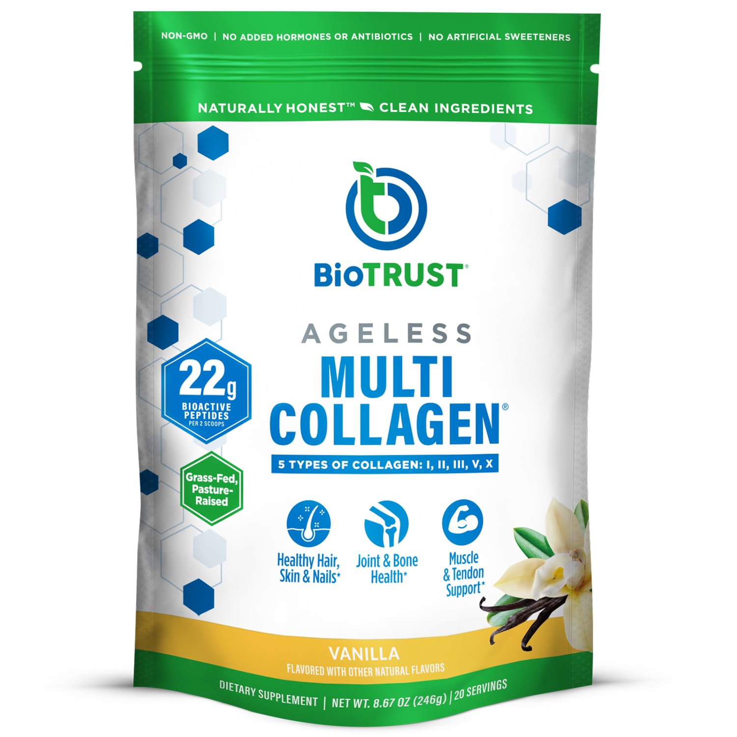 BioTrust Ageless Multi Collagen vanilla tub with scoop for daily use