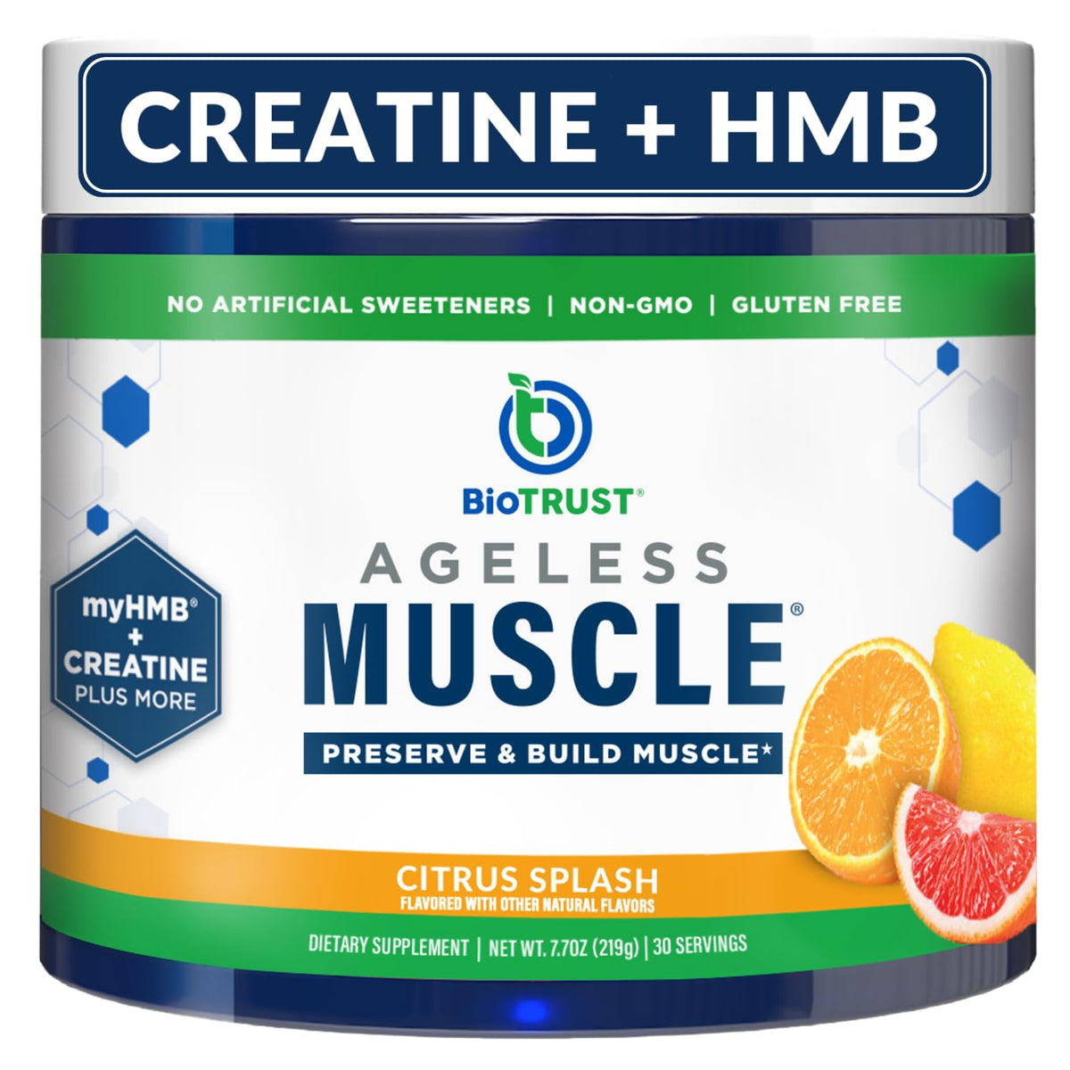 BioTrust Ageless Muscle Builder bottle front with Citrus Splash for lean muscle maintenance.