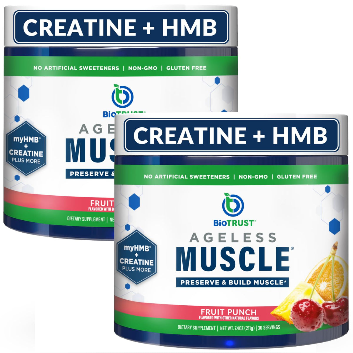 BioTrust Ageless Muscle Builder fruit punch tub front view showing lean muscle support.