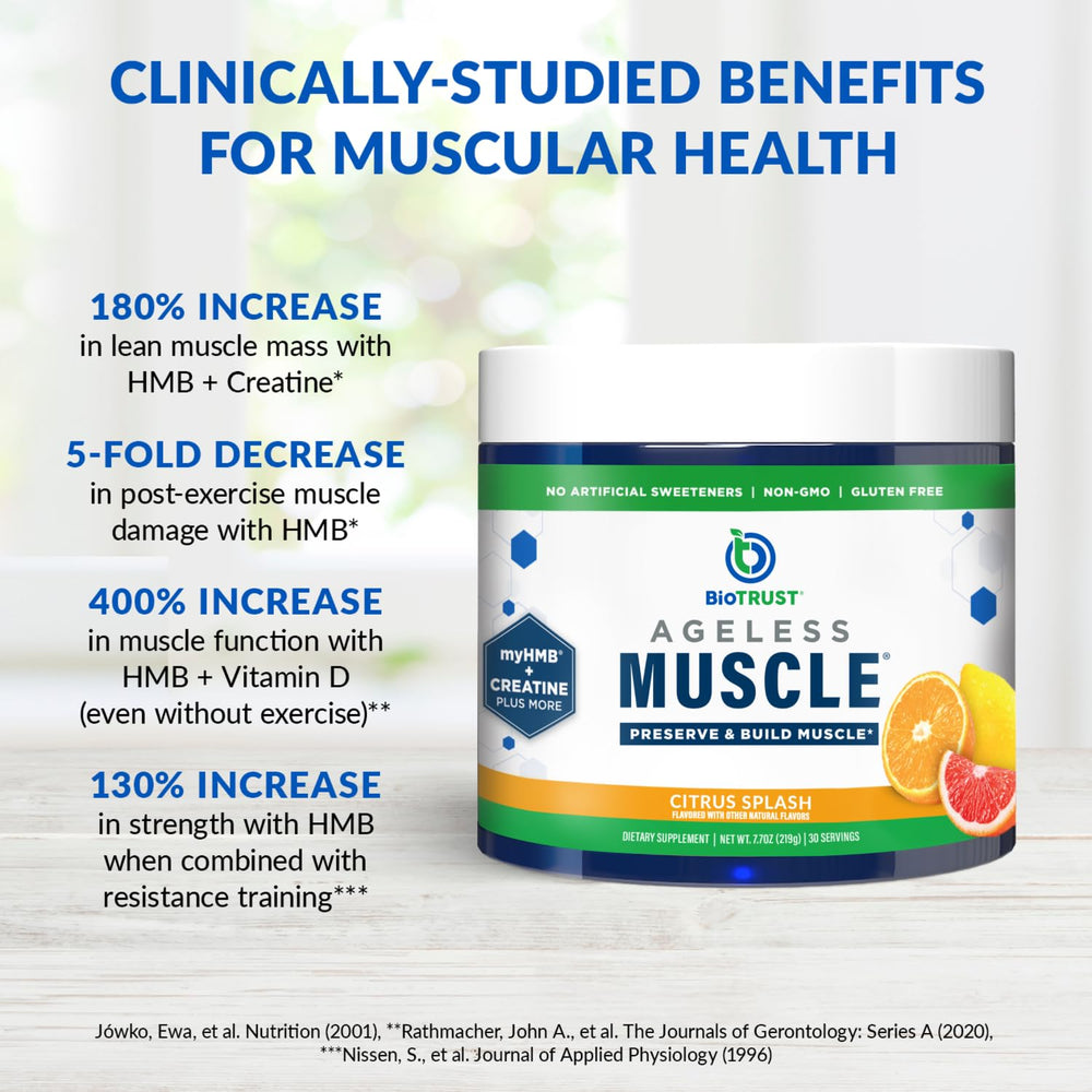 Ingredient panel of BioTrust Ageless Muscle showing creatine, HMB, D3 and Betaine for muscle support.