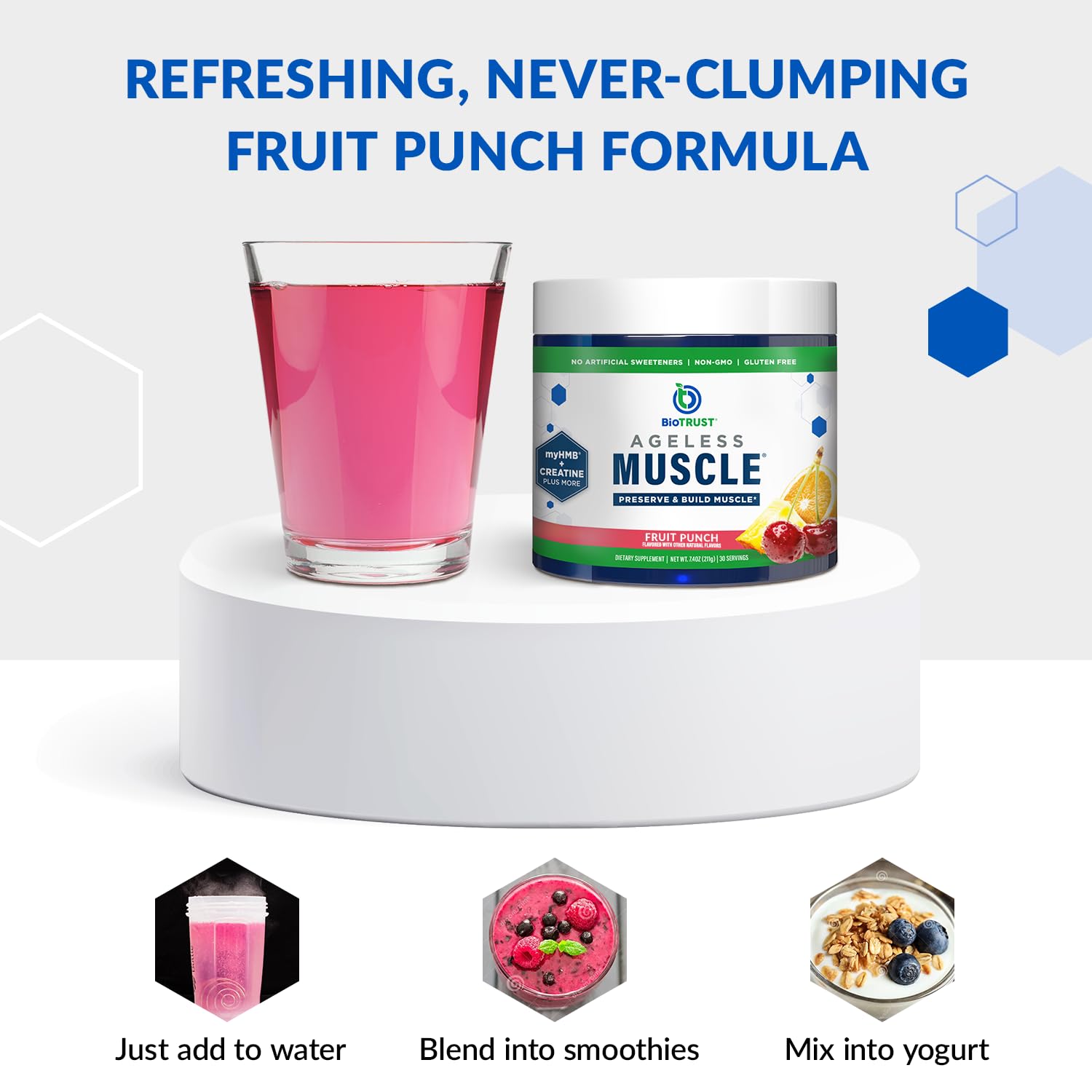 BioTrust Ageless Muscle Builder in yogurt bowl for convenient breakfast.