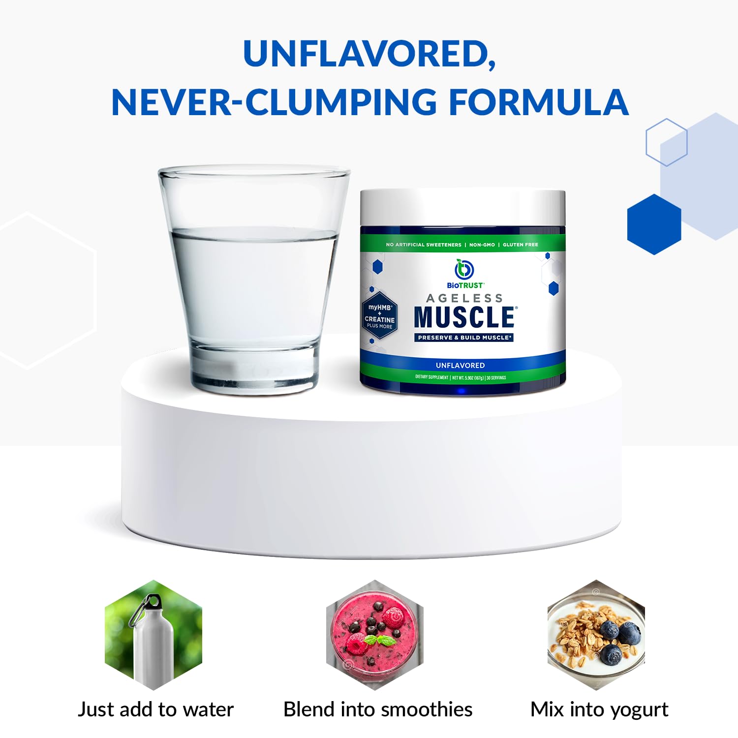 BioTrust Ageless Muscle dissolves quickly with a shake for convenient use