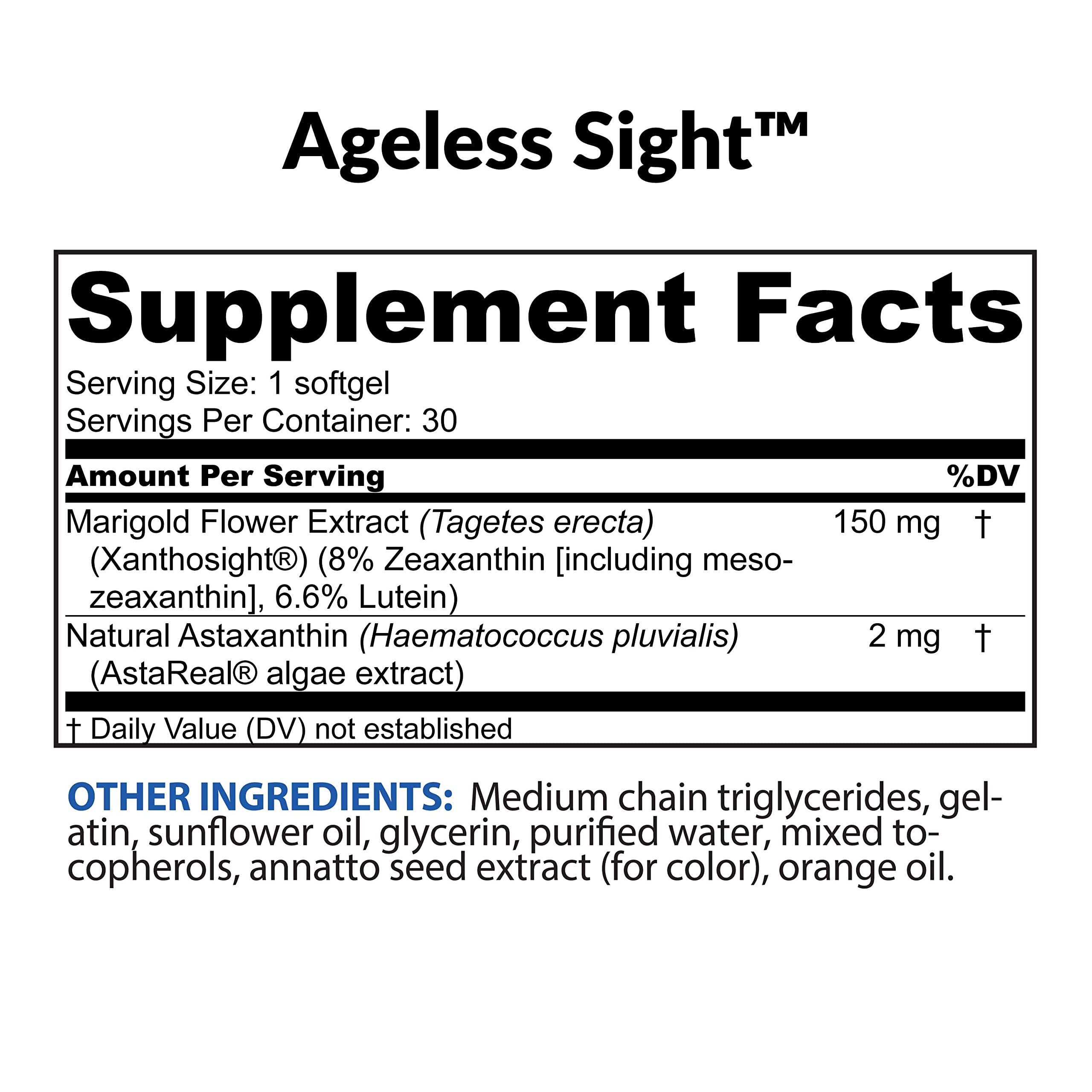 BioTrust Ageless Sight capsules showing the 10:2:10 macular carotenoids ratio for eye health