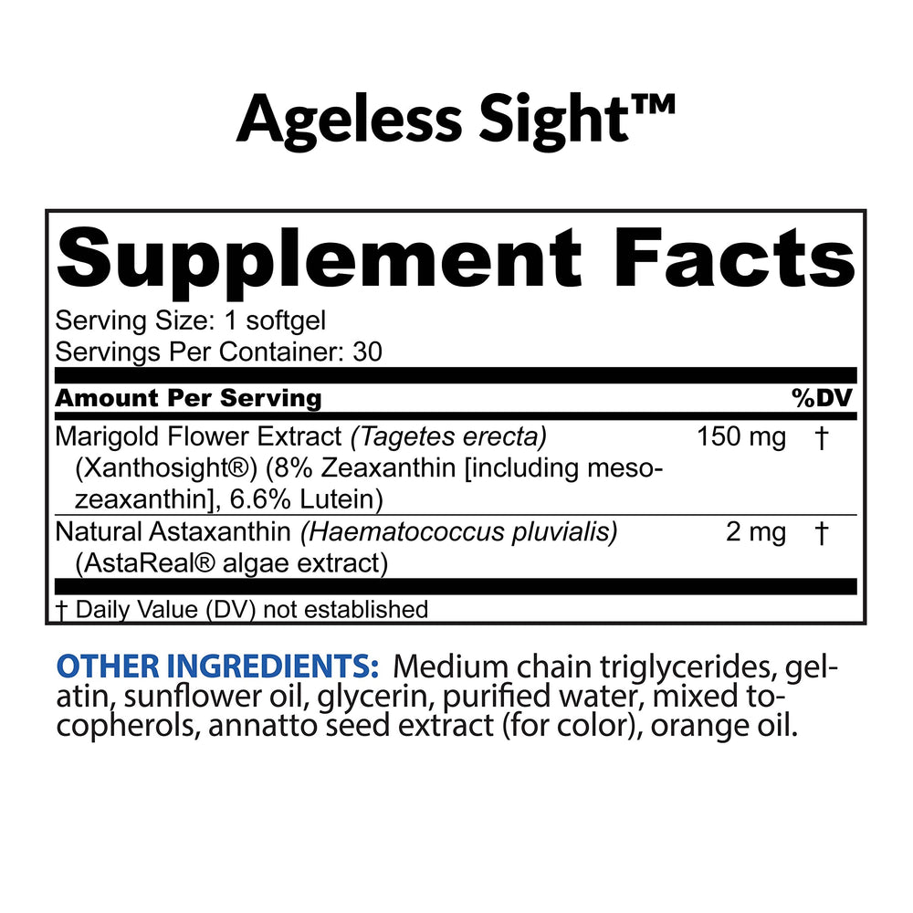 BioTrust Ageless Sight capsules showing the 10:2:10 macular carotenoids ratio for eye health