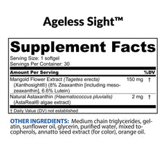 BioTrust Ageless Sight capsules showing the 10:2:10 macular carotenoids ratio for eye health