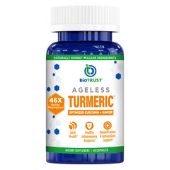 BioTrust Ageless Turmeric bottle front highlights CurcuWIN for antioxidant support