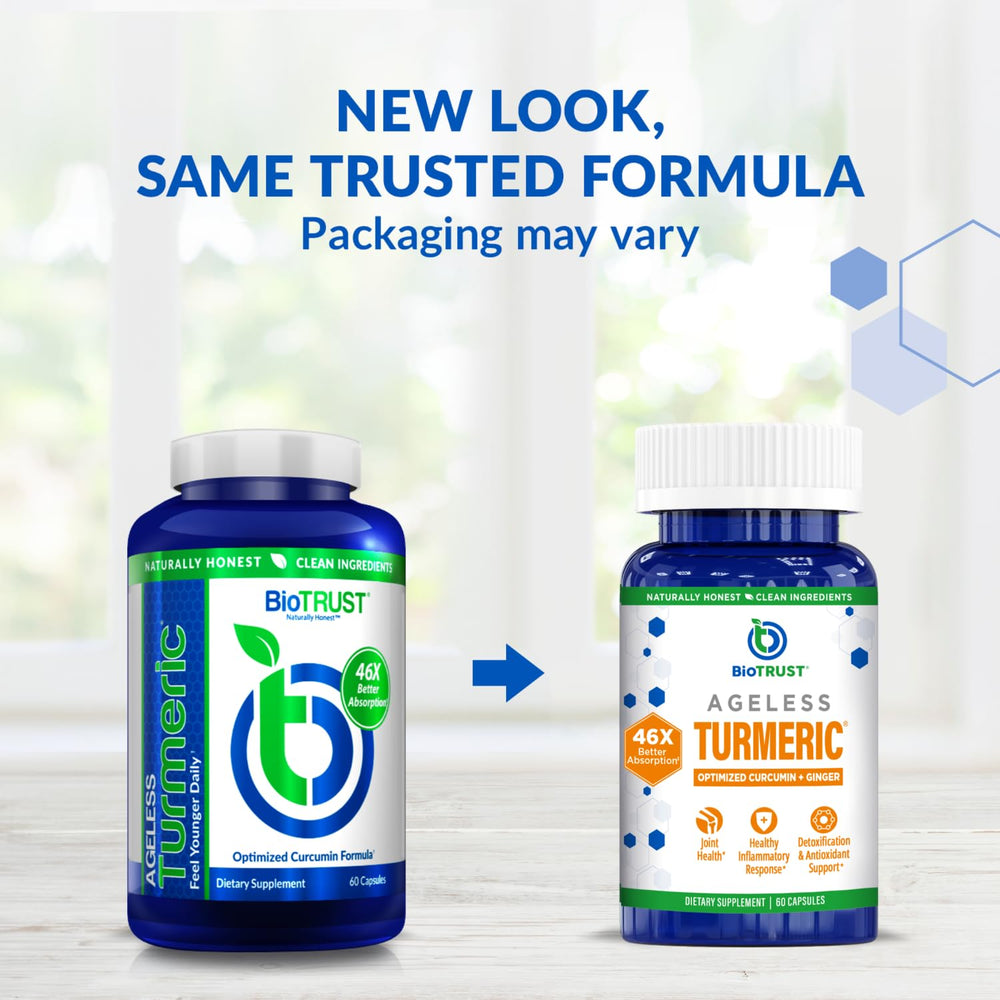 BioTrust Ageless Turmeric capsules closeup emphasizes ginger extract and bioavailability