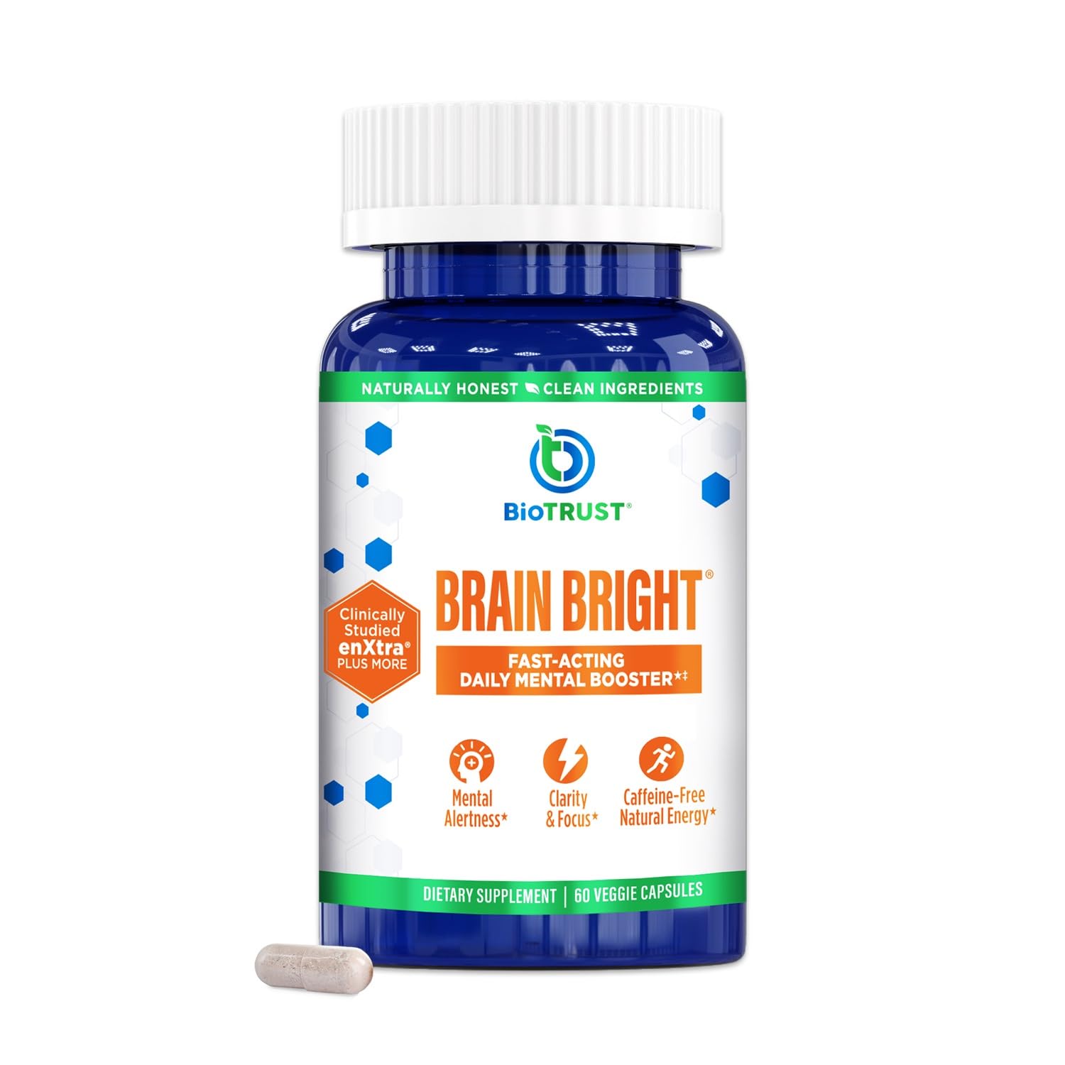 BioTrust Brain Bright bottle closeup highlighting label for daily focus support.