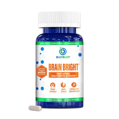 BioTrust Brain Bright bottle closeup highlighting label for daily focus support.