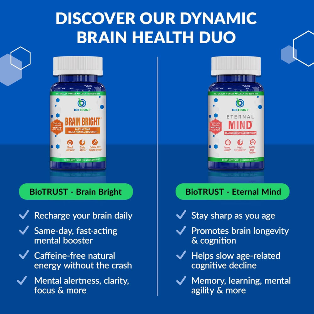 BioTrust Brain Bright capsules closeup suggesting quick intake for sharper focus.