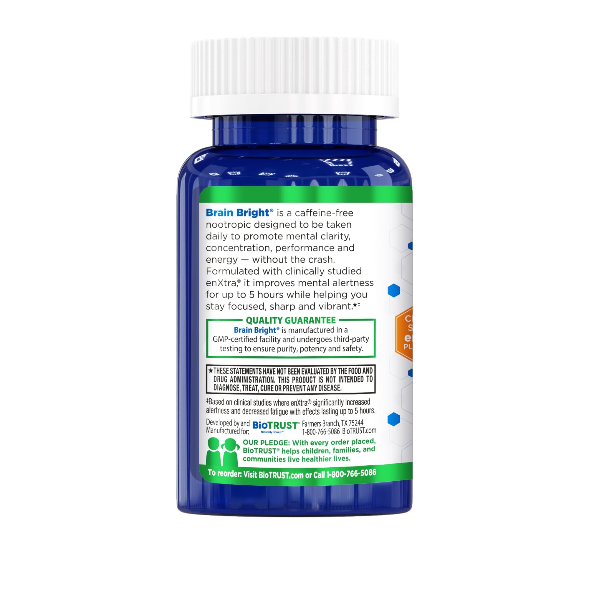 BioTrust Brain Bright front label underlining gluten-free and non-GMO formula.