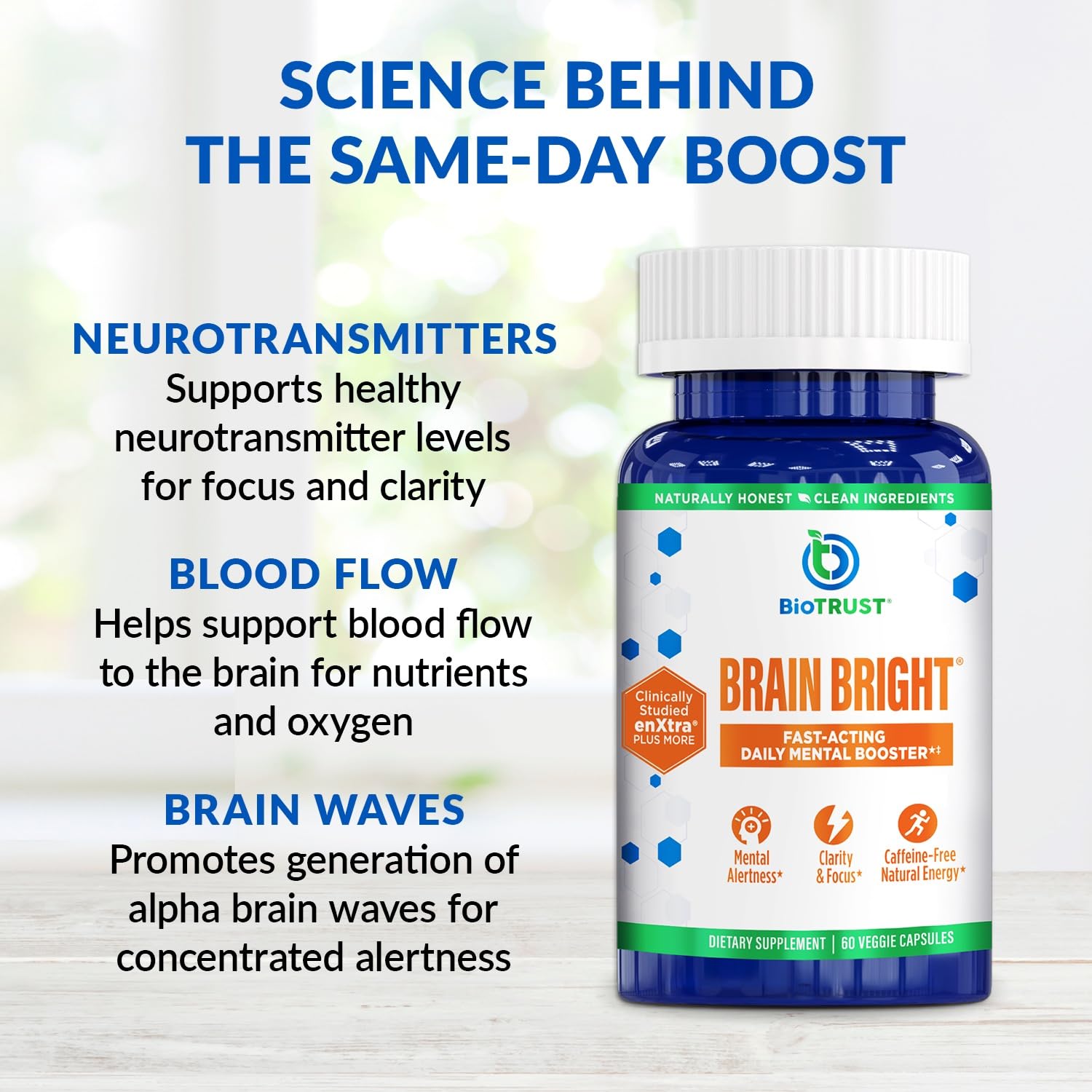 BioTrust Brain Bright ingredient label featuring Thai ginger enXtra for alertness.
