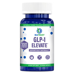 BioTrust GLP-1 Elevate bottle on countertop for convenient daily use and cravings support.