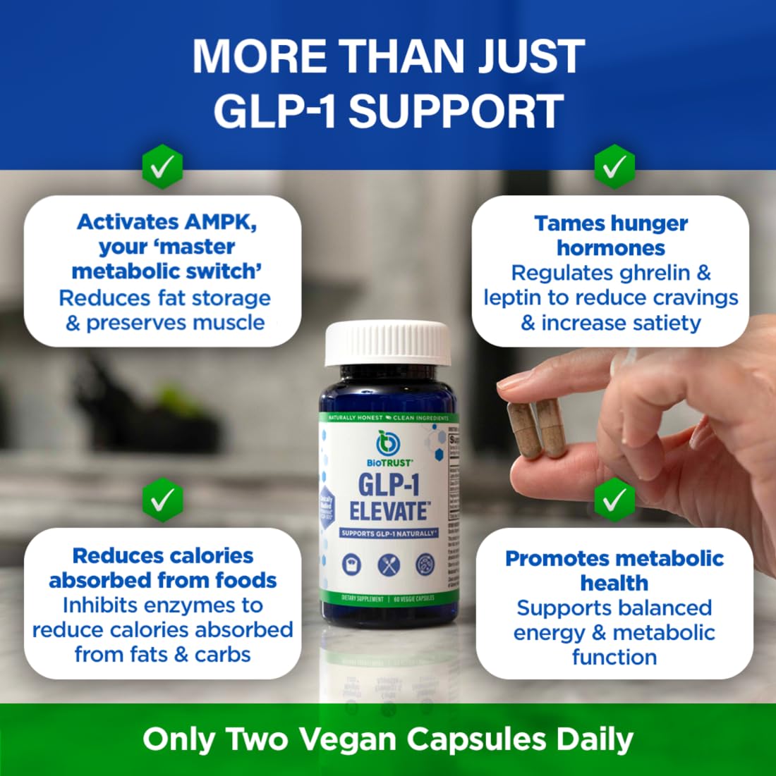 Meal prep scene with BioTrust GLP-1 Elevate suggesting balanced daily routine.