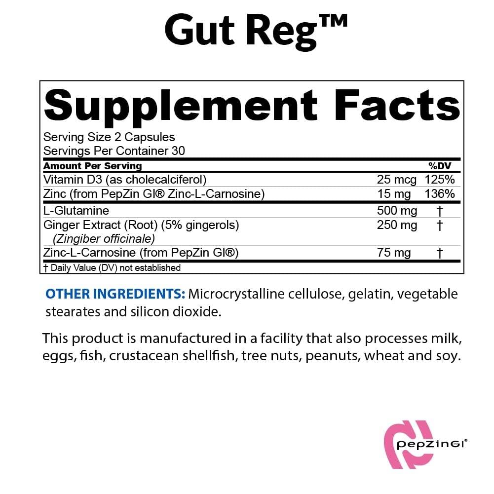 BioTrust Gut Reg label close-up highlighting PepZin GI and ingredients.