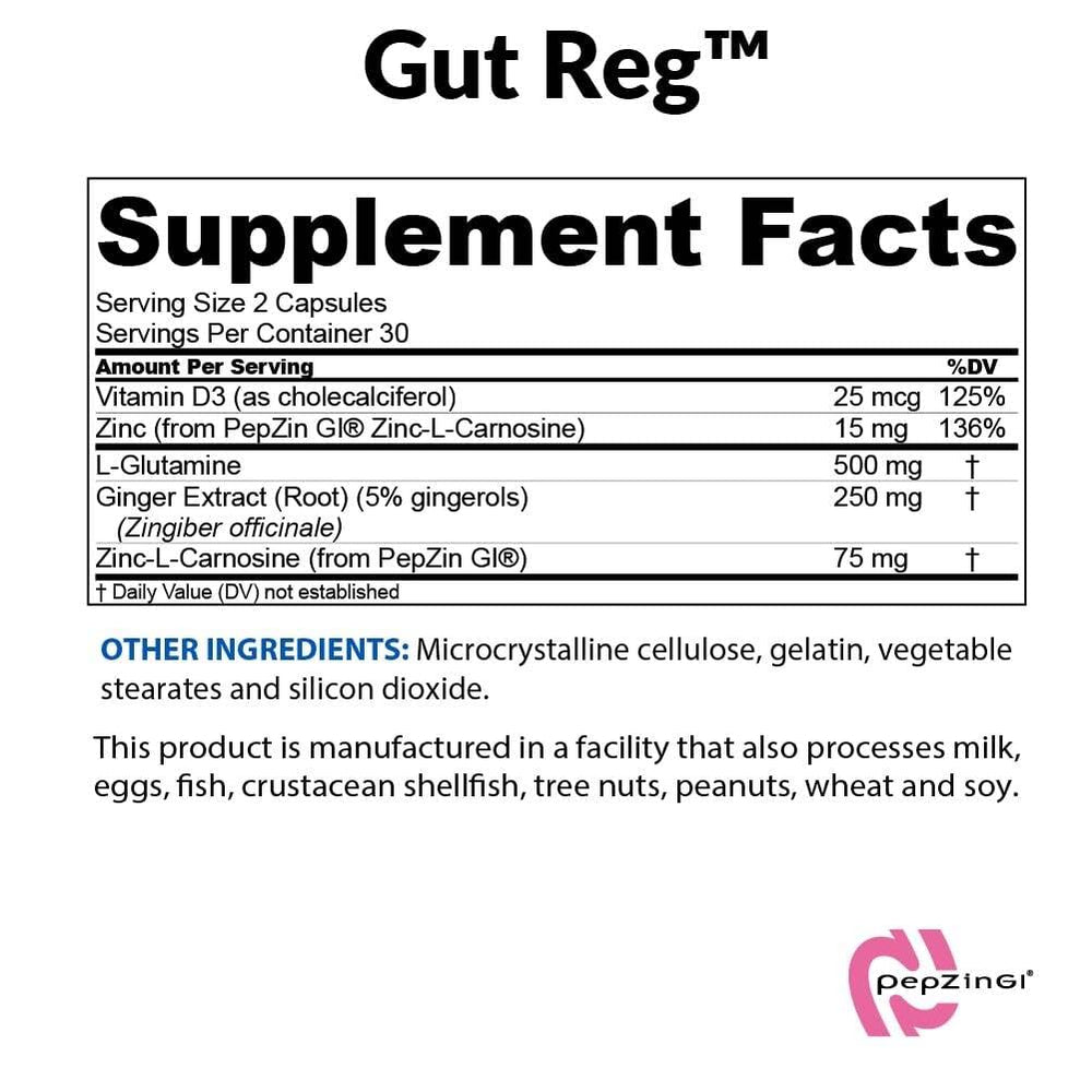 BioTrust Gut Reg label close-up highlighting PepZin GI and ingredients.