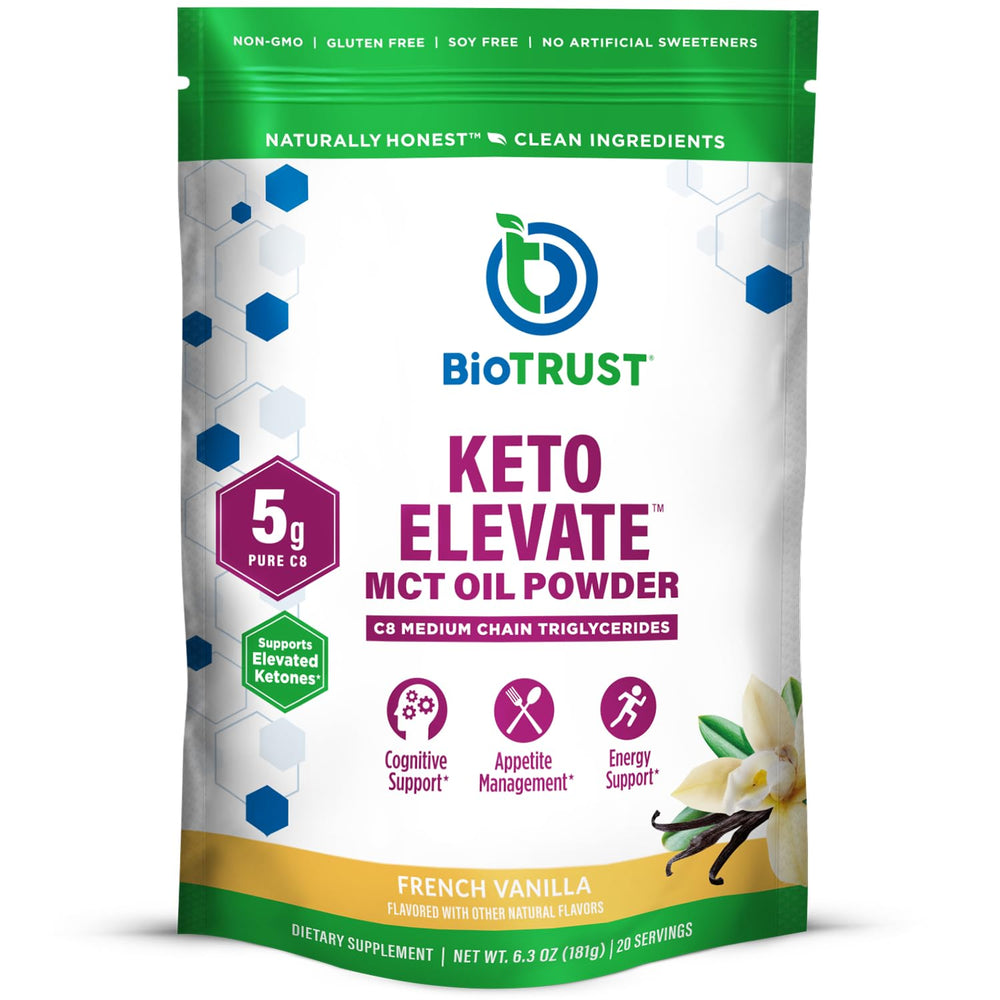 BioTrust Keto Elevate French Vanilla tub shows premium C8 MCT powder for clean energy.