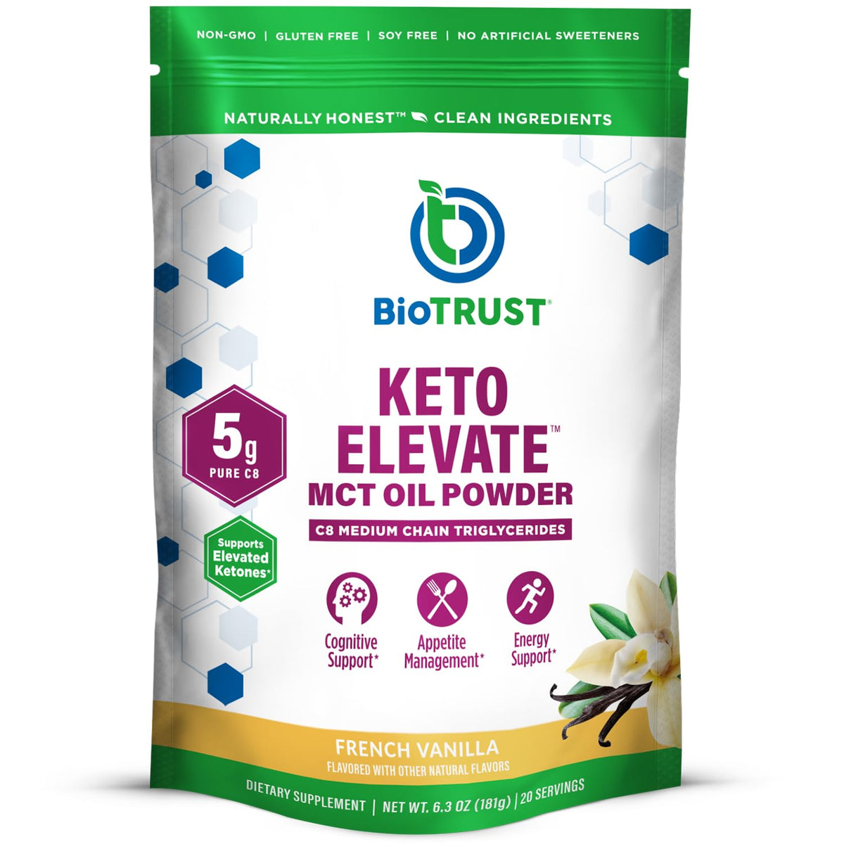 BioTrust Keto Elevate French Vanilla tub shows premium C8 MCT powder for clean energy.
